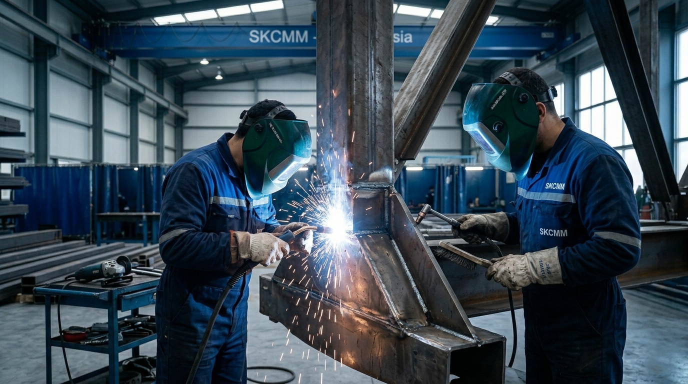 Soudure industrielle et travaux de métallerie en cours dans l'atelier SKCMM